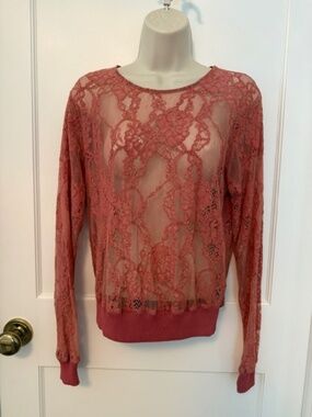 MARCIANO Rose Pink Sheer Floral Lace Long Sleeve Top Blouse